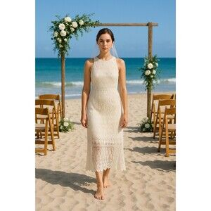 Just Me Wedding Dress Small Ivory Cream Lace Halter Boho Beach Bridal Gown Slit